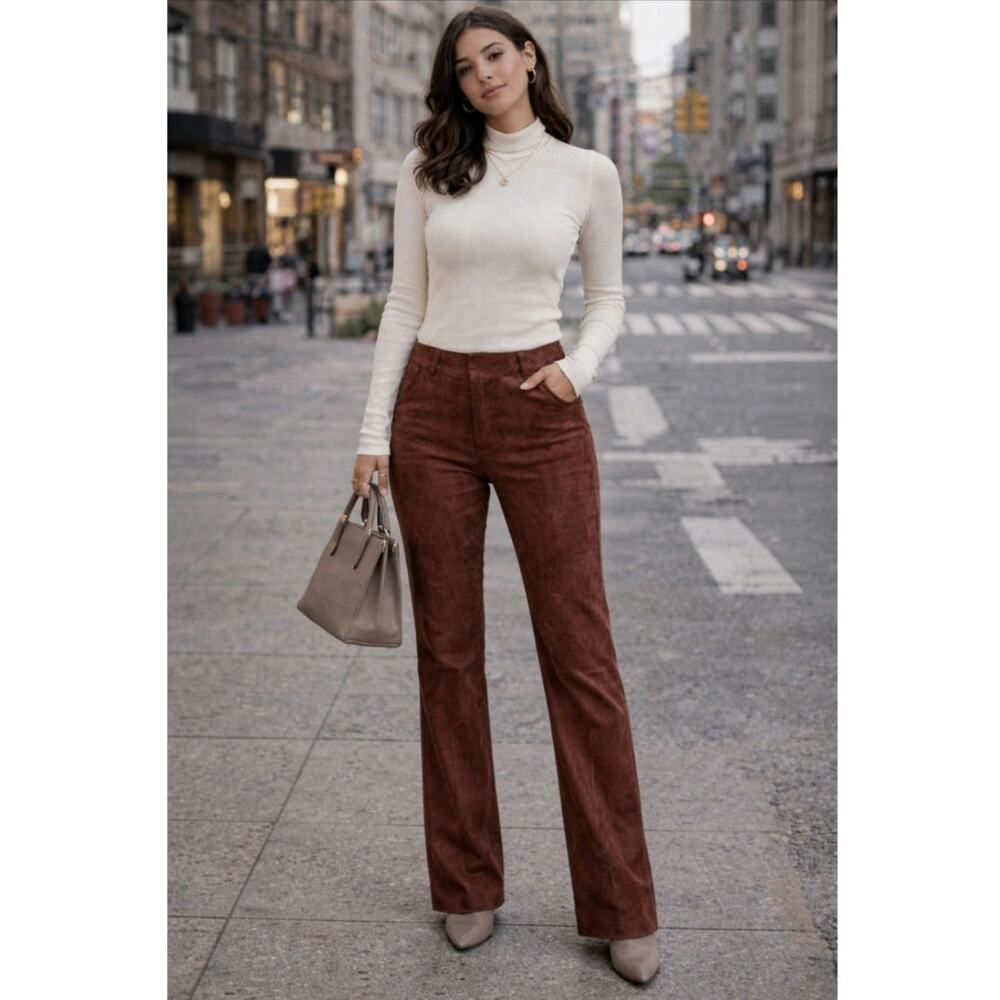 Yansi Fugel High-Rise Suede Pants Women's Size 10 Brown Straight Leg Boho Chic